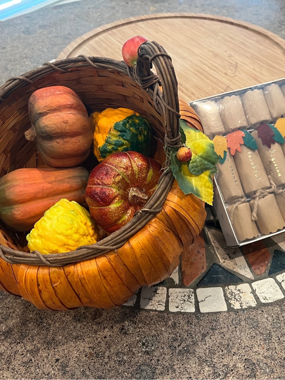 Fall Pumpkin Basket, Thanksgiving Crackers & Faux Gourds